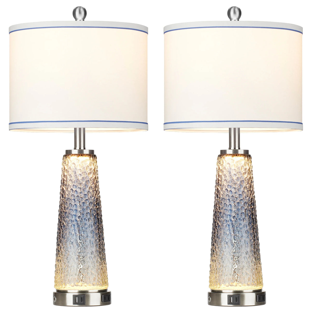 Cinkeda Modern Table Lamp Set of 2 for Bedroom Living Room with USB A+C Ports AC Outlet Gradient Grey Glass Nightlight Nightstand Bedside Lamps