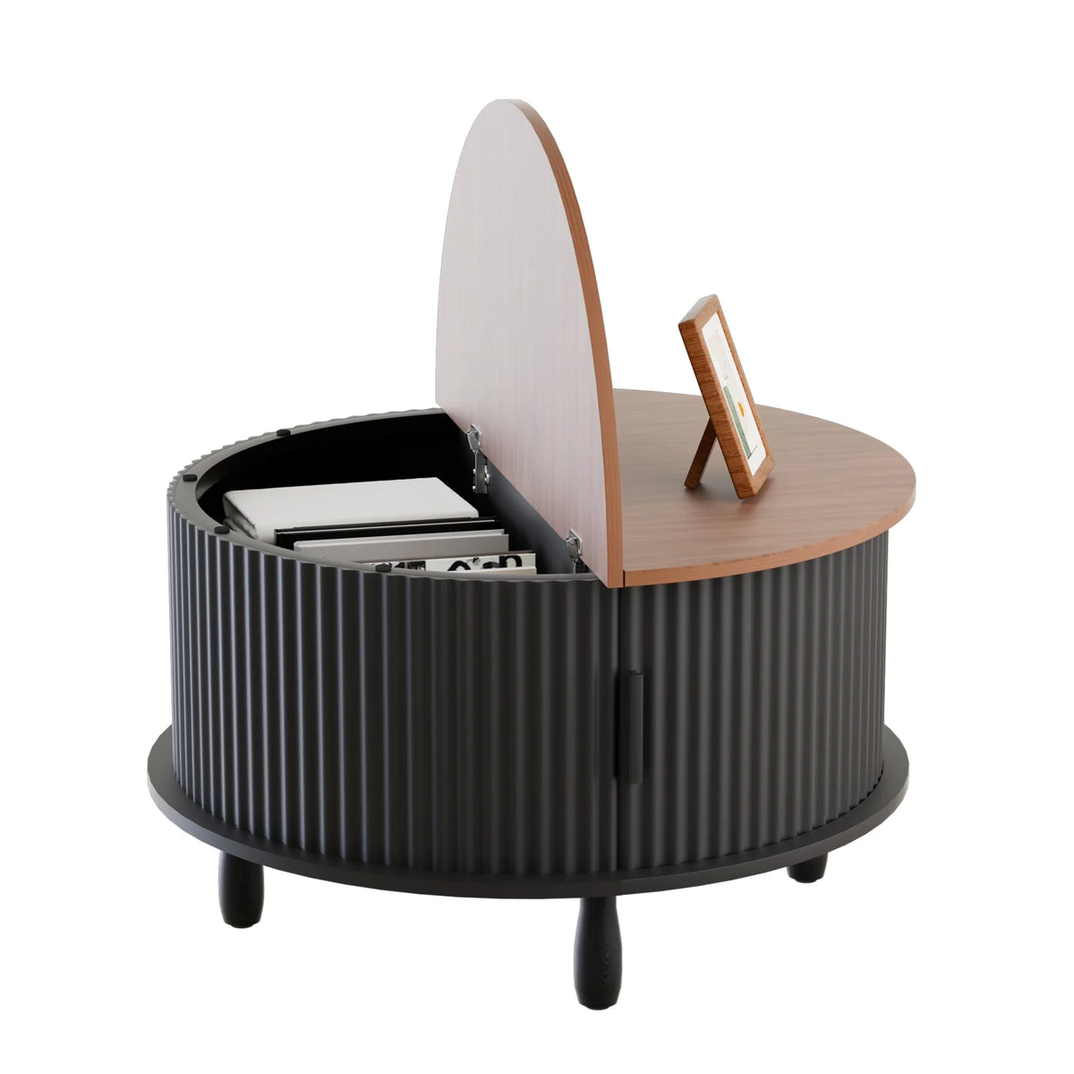 RUMLIVE Round Coffee Table with Storage, 30.7" Modern Coffee Table with 360�� Curved Sliding Door, Fluted Wood Coffee Table with Footpads, Round Center Table for Living Room, Black