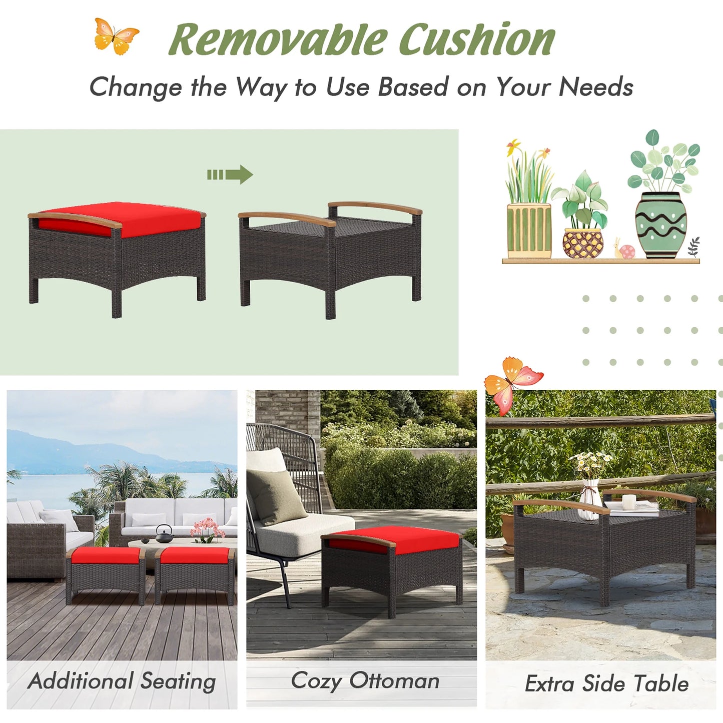 Costway Set of 2 Patio Rattan Ottoman Footrest Cushions Wooden Handle Beige