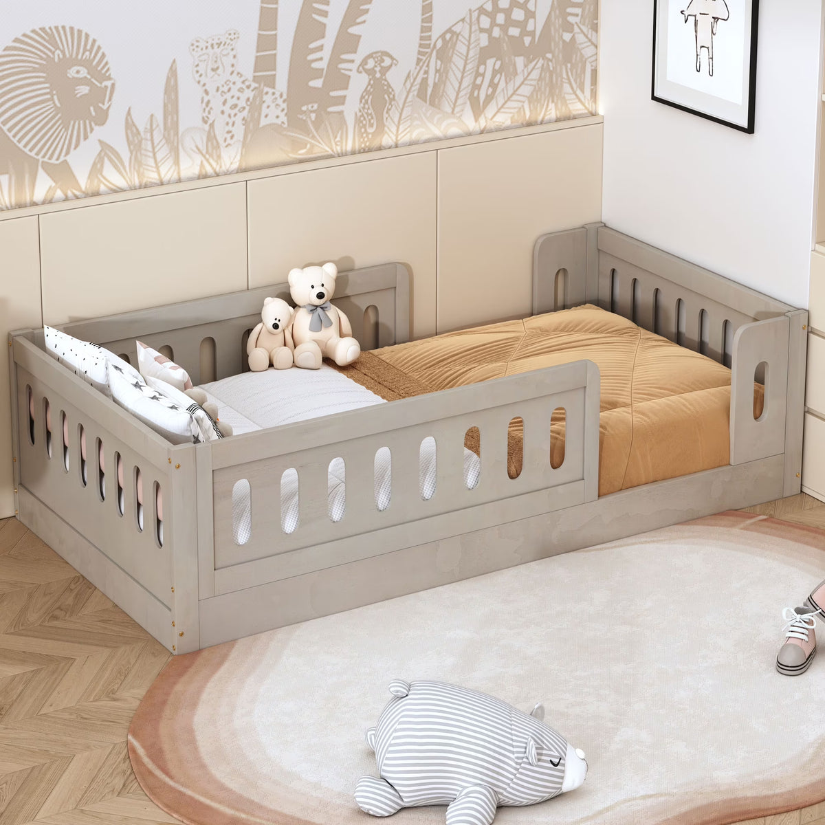 Euroco Wood Twin Size Platform Bed with Guardrail for Toddler and Kids