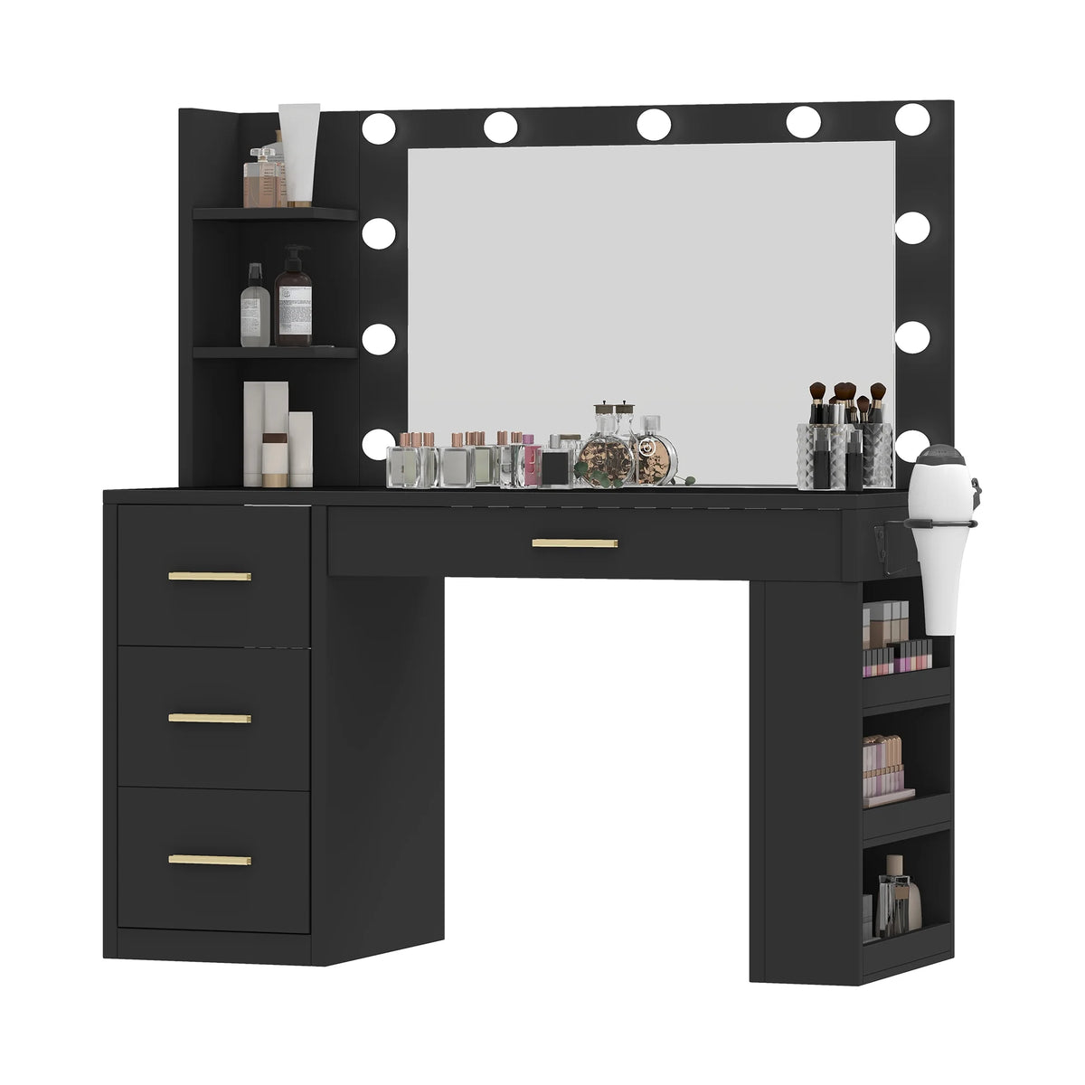 Uforic Makeup Vanity Desk with Mirror & Lights, Vanity Desk with 4 Drawers & Storage Shelves - White
