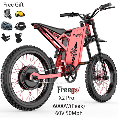 6000W(Peak) Motor 60V/30Ah Battery Freego X2Pro Electric Motorcycle for Adults, Electric Bike ,50MPH/7 Speed Off Road Electric Bicycle,19x2 Full Suspension/Four-Piston Hydraulic Brake UL2849MTB