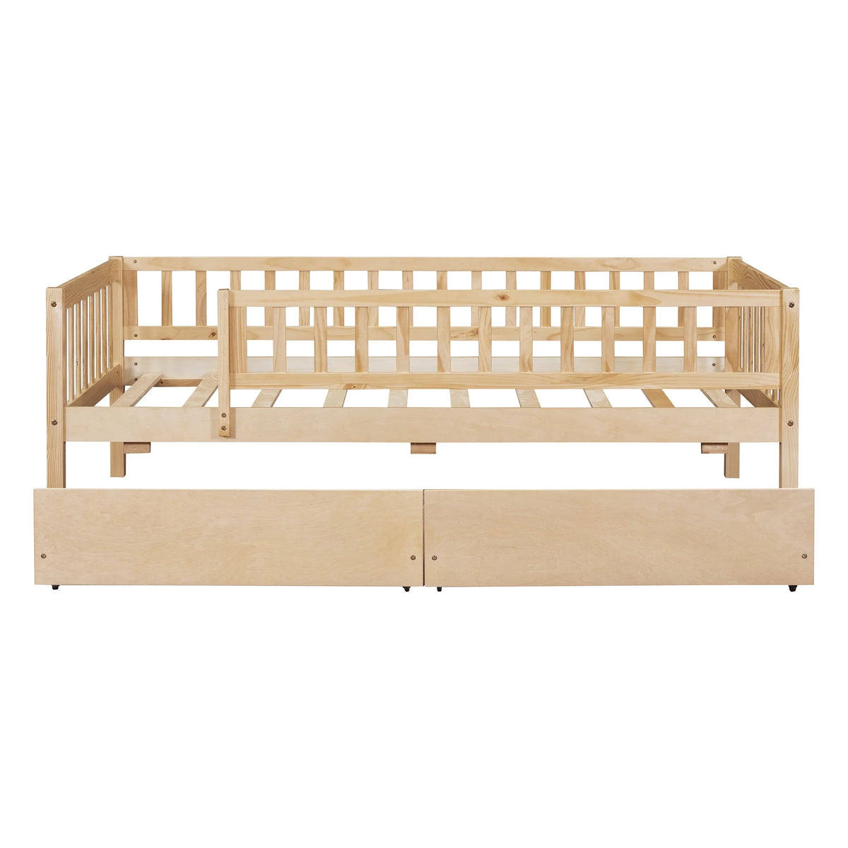 Holaki Twin Size Wood Bed with Guardrails and 2 Storage Drawers for Kids, Gray