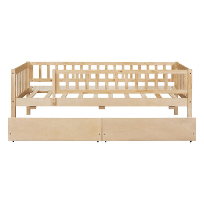 Holaki Twin Size Wood Bed with Guardrails and 2 Storage Drawers for Kids, Gray