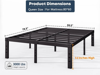 QFTIME 14" Queen Metal Bed Frame with Steel Slats, Heavy Duty Mattress Foundation