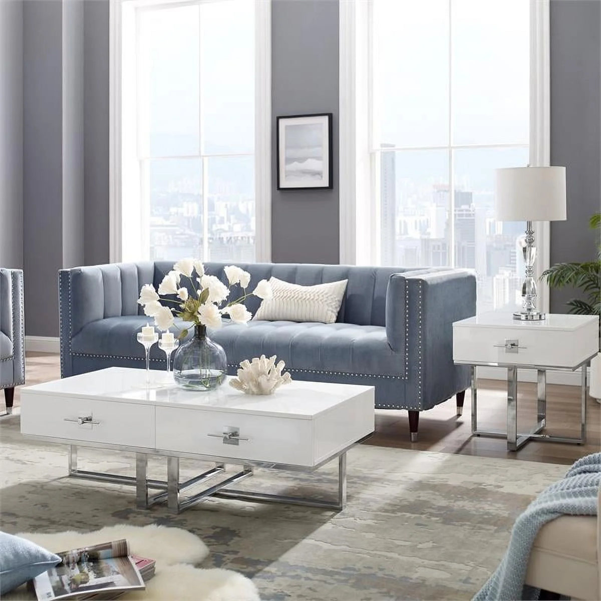 Posh Living Mano 2-Drawers Stainless Steel Base Coffee Table - Light Gray/Chrome