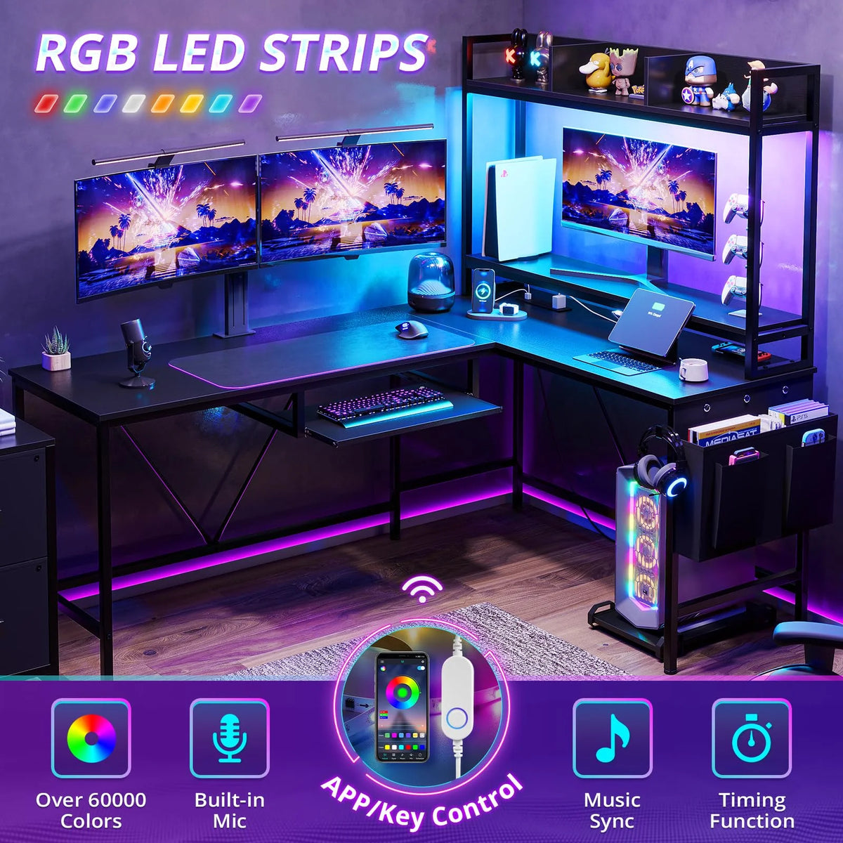 L Shaped Computer Desk with Power Outlet and LED Strip, Reversible Corner Gaming Desk with 2 Drawer and Keyboard Tray, Black