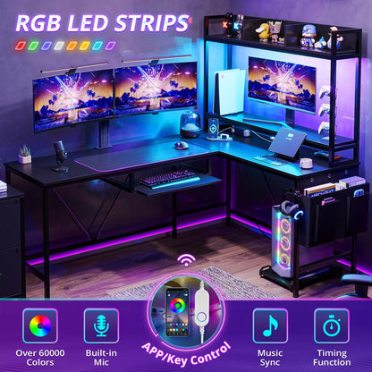 L Shaped Computer Desk with Power Outlet and LED Strip, Reversible Corner Gaming Desk with 2 Drawer and Keyboard Tray, Black