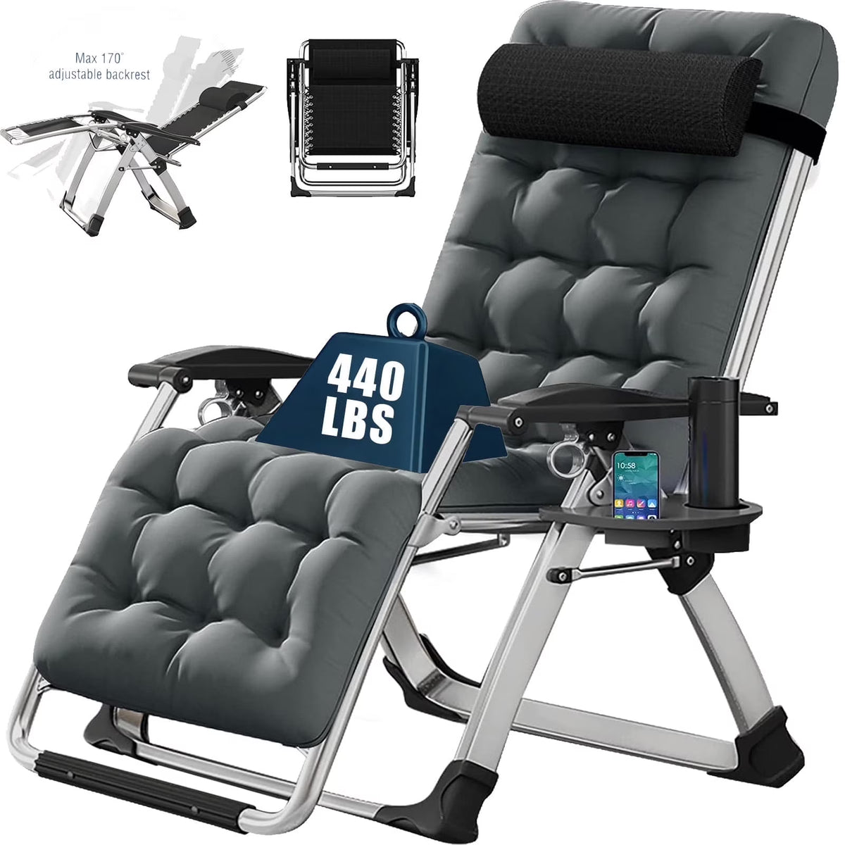NAIZEA 2 Pack Zero Gravity Chair, Foldable Portable Lawn Recliner with Cushion, Headrest, Cup Holder, Black