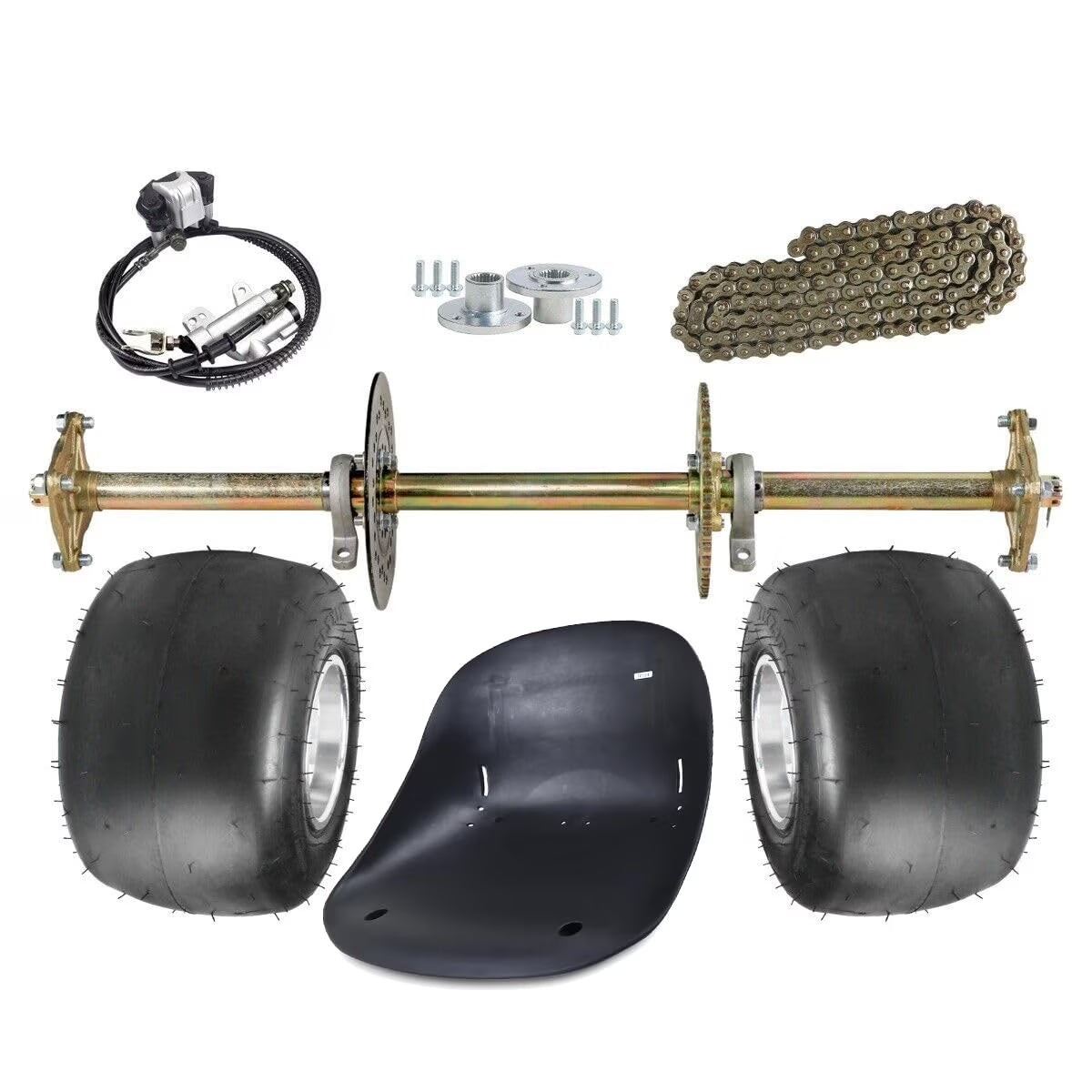 32in Rear Axle Kit with 5" Wheels, 11x7.10-5 Tires, 428 41T Sprocket & Brake Caliper Master Cylinder, 3 Stud Hubs, Go Cart Seat for Racing Go Kart, ATV Quad Buggy & Drift Trike, Karting