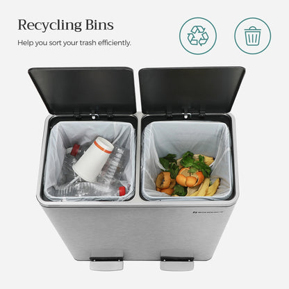 16 Gallon Dual Trash Can, Rubbish Bin and 15 Trash Bags, Metal, Almond Color
