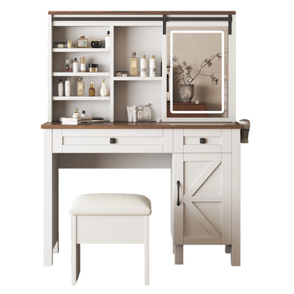 Montary Modern Mini Vanity w/Adjustable LED Mirror + Hidden Storage, Padded Stool & Dustproof Shelves (White)