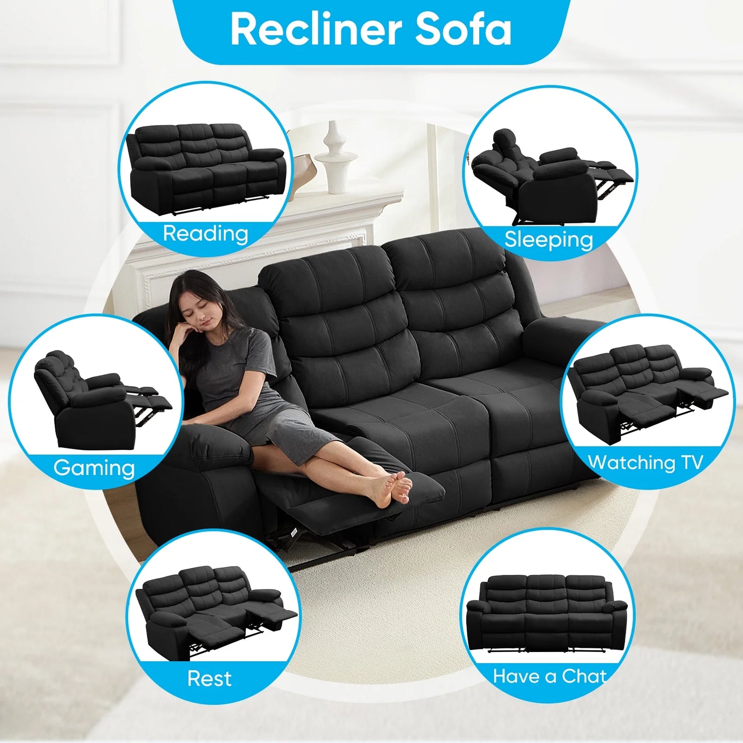 MUZZ Modern Reclining Sofa ,3-Seater Recliner Sofa with Cup Holders, Flip-Up Storage, Reversible Backrest and Footrest, Gray