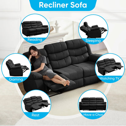 MUZZ Modern Reclining Sofa ,3-Seater Recliner Sofa with Cup Holders, Flip-Up Storage, Reversible Backrest and Footrest, Gray
