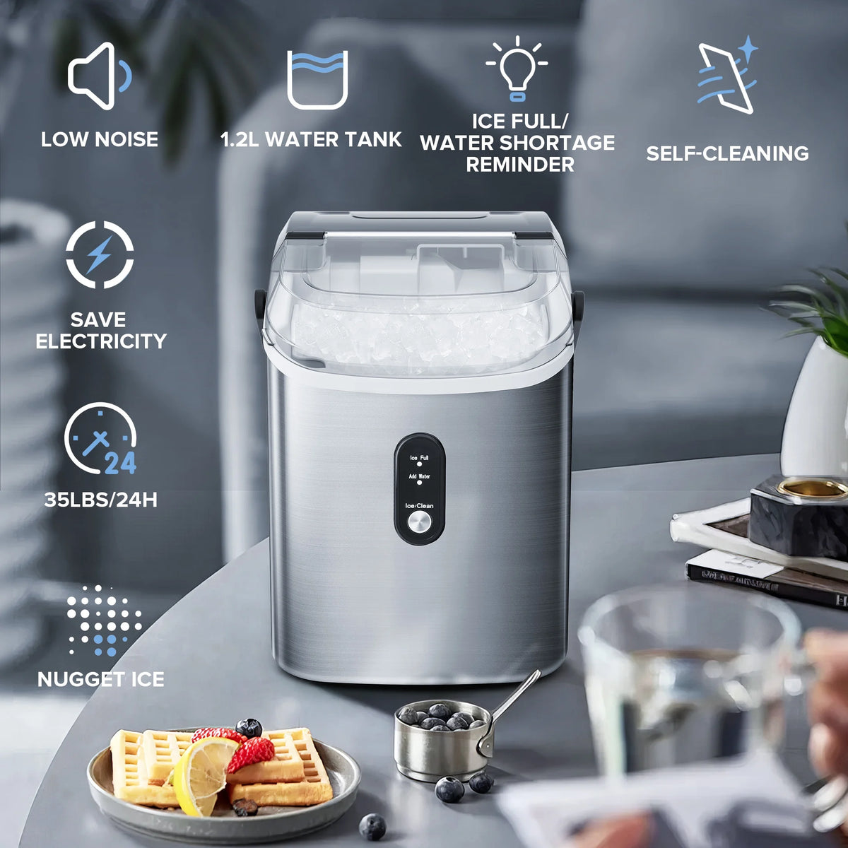 Auseo Nugget Ice Maker Countertop,  Ready in 6 Mins ,35Lbs Each  day with Self-Cleaning,Portable Sonic  Ice Machine  for Home/Office/Bar, Black