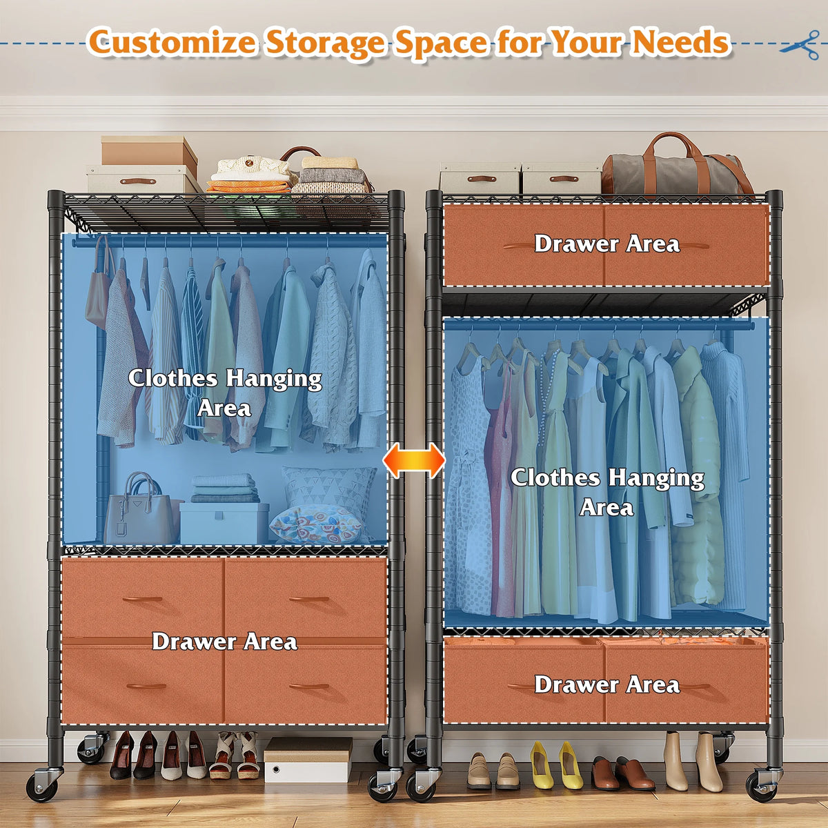 71" H Clothes Rack with Fabric Drawers, Freestanding Garment Rack with Metal Wire Shelf, Pink