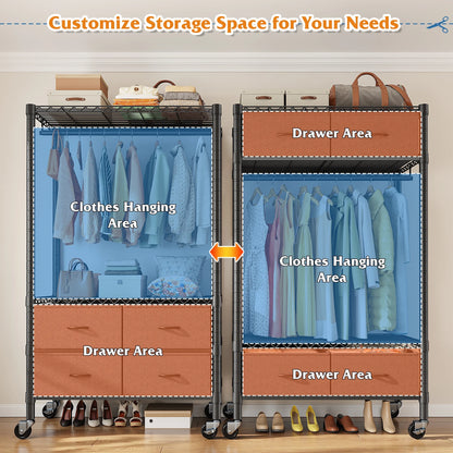 71" H Clothes Rack with Fabric Drawers, Freestanding Garment Rack with Metal Wire Shelf, Pink