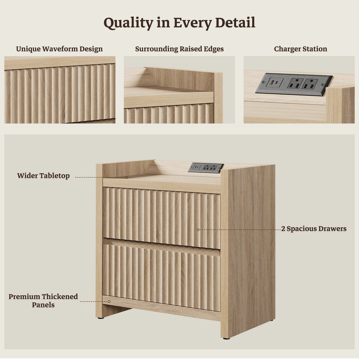 SICOTAS 25.4" Wide Nightstand Set of 2 with Charging Station, Modern Night Stand  with  2 Fluted Dresser & Handle-Less Storage Farmhouse Bed Side Table  for Bedroom, Natural Oak