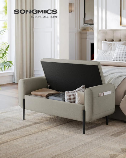 SONGMICS 46.5" Storage Ottoman Bench Storage Bench Bedroom Bench 330lb Load Capacity Solid Wood Legs Light Gray