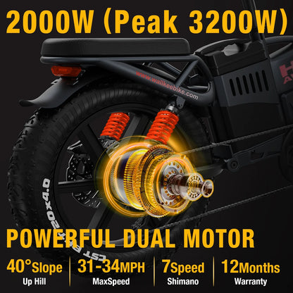 Wallke H9 AWD 3200W Dual Motor Electric Bike for Adult, 82Ah 48V Dual Battery Long Range e-Bicycle, 31-34MPH Fast Ebike, 20" Fat Tire Offroad Full Suspension Folding, 3mm Aluminum Alloy Frame,UL2849