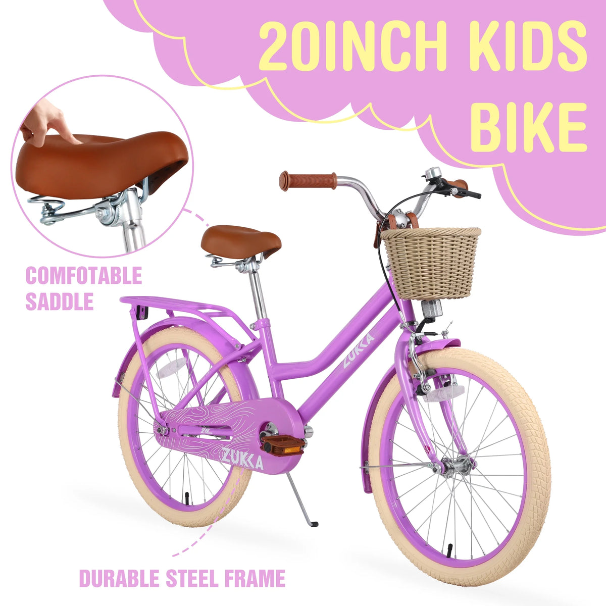 20" Kids Bike Girls Bike with Basket Single Speed Steel Frame Children Bicycle for 7-10 Years, Pink