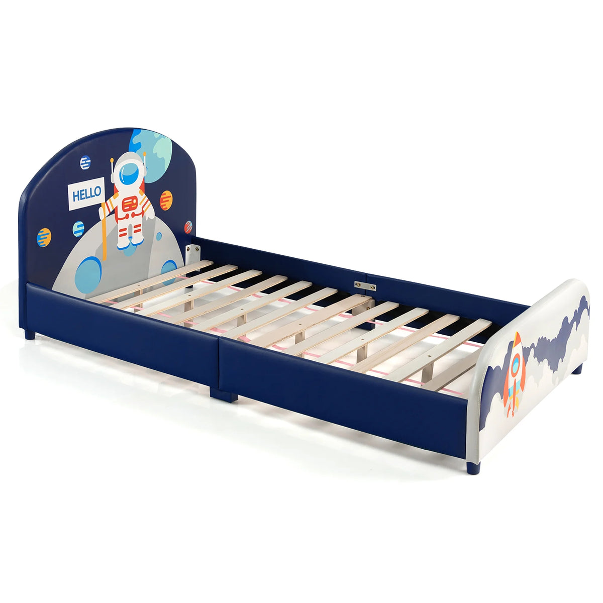 Costway Kids Upholstered Platform Bed Children Twin Size Wooden Bed Astronaut Pattern