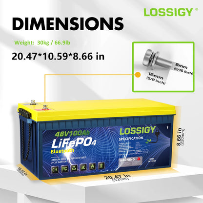 LOSSIGY 48V 100AH LiFePO4 Lithium Golf Cart Battery with 48V18A Charger, Perfect for Solar System, Marine, 5120Wh 5000+ Deep Cycles, Built in BMS with 10 Yrs Lifespan