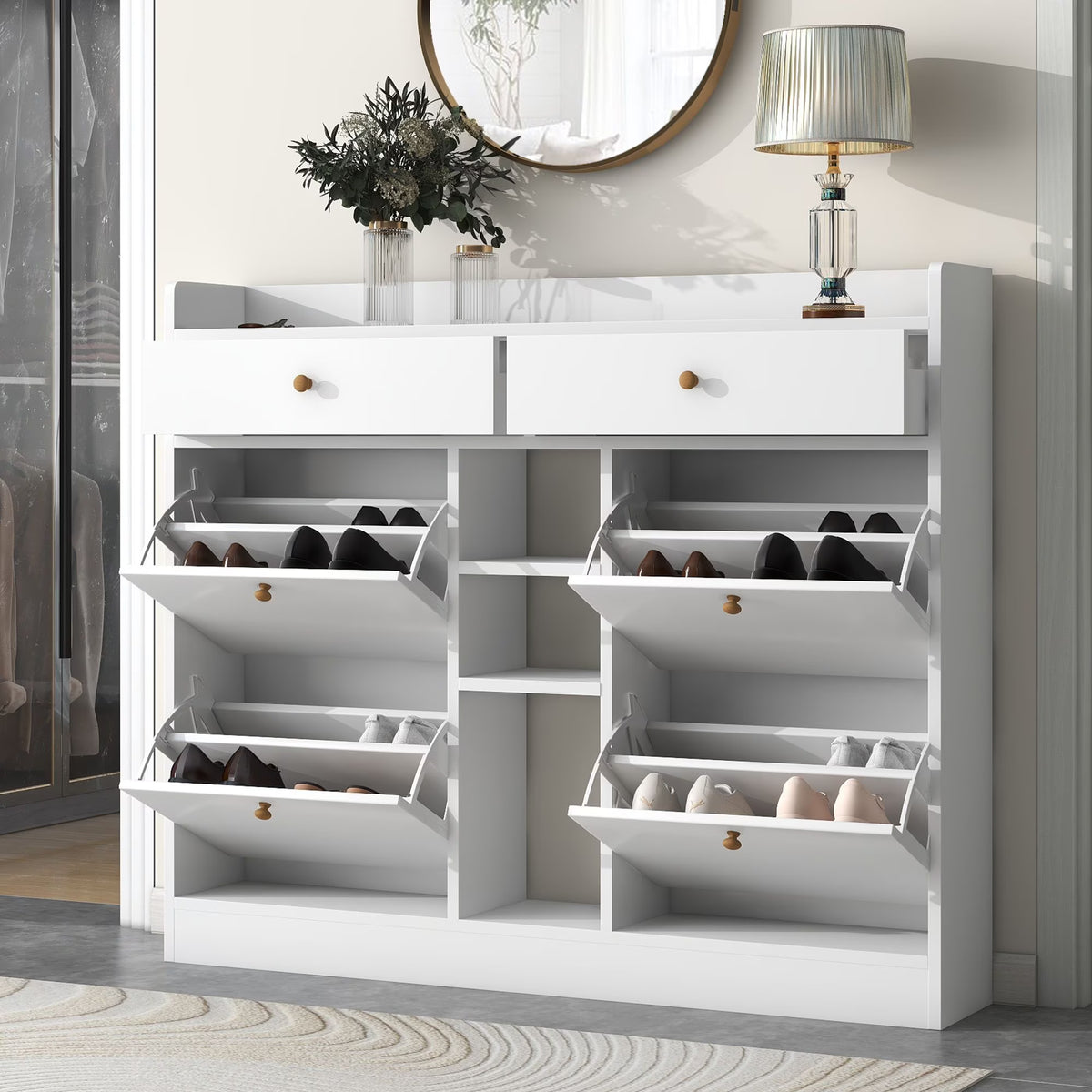 Aukfa Shoe Cabinet with 4 Flip Drawers and 2 Storage Drawers- Black
