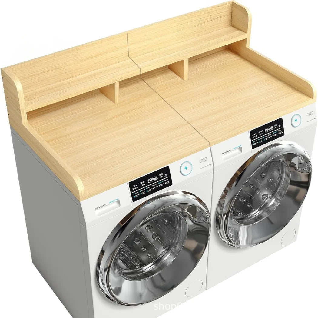 Wood 2-Tier Washer Dryer Countertop with Edge Rails, 54" W x 27.5" D Washer and Dryer Topper for Laundry Room Organization and Storage, Walnut