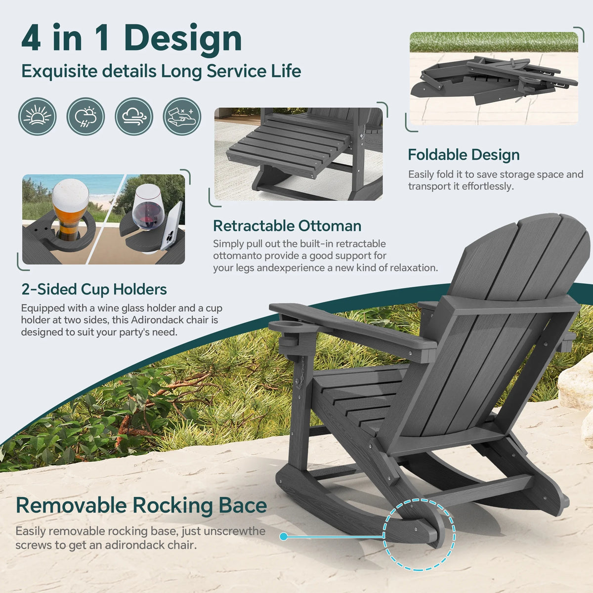 KINGYES Folding Adirondack Rocker Chair Set of 2 W/ Footrest & Dual Cup Holders, HDPE Outdoor Patio Rocking Chair, Black