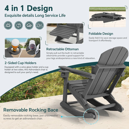 KINGYES Folding Adirondack Rocker Chair Set of 2 W/ Footrest & Dual Cup Holders, HDPE Outdoor Patio Rocking Chair, Black
