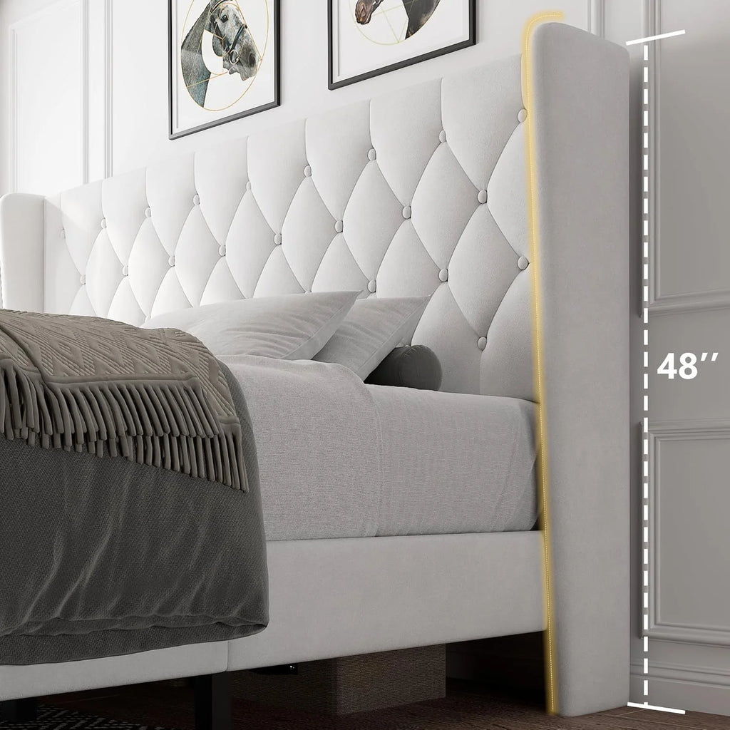 iPormis Full Size Bed Frame with Diamond Button Tufted Wingback Headboard, Upholstered Platform Bed Frame with Strong Wood Slat Support, No Box Spring Needed,Black