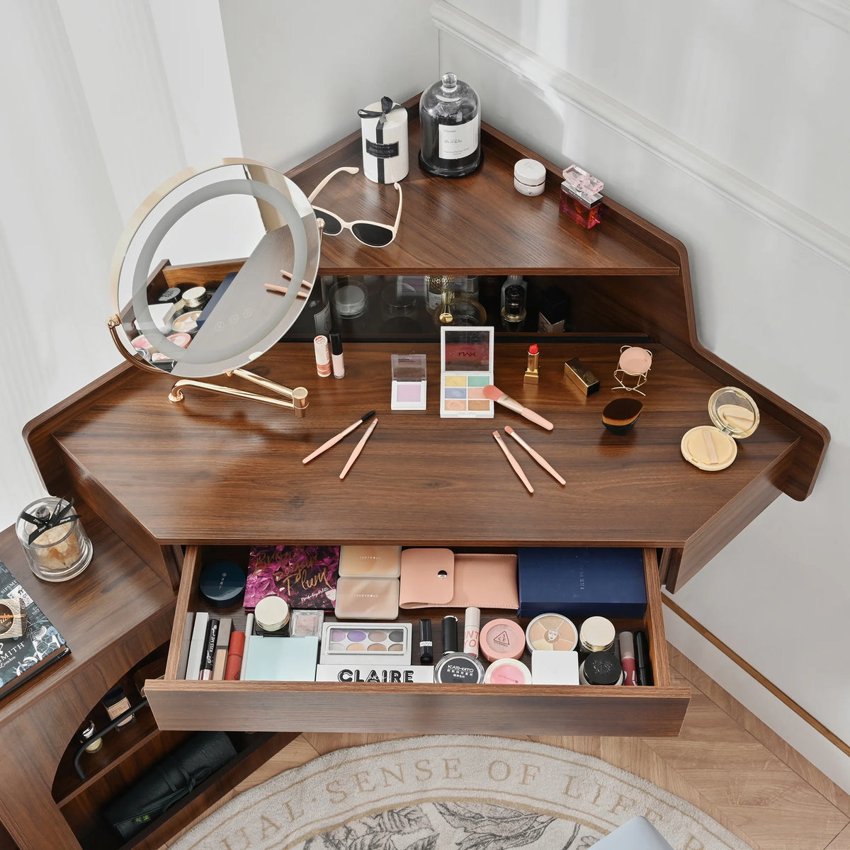 MODERNLUXE Corner Makeup Vanity Desk with Folding Mirror and Lights,Modern Vanity Set with 1 Stool,2 Drawers and 3 Shelves for Bedroom,Women, and Girls,Walnut