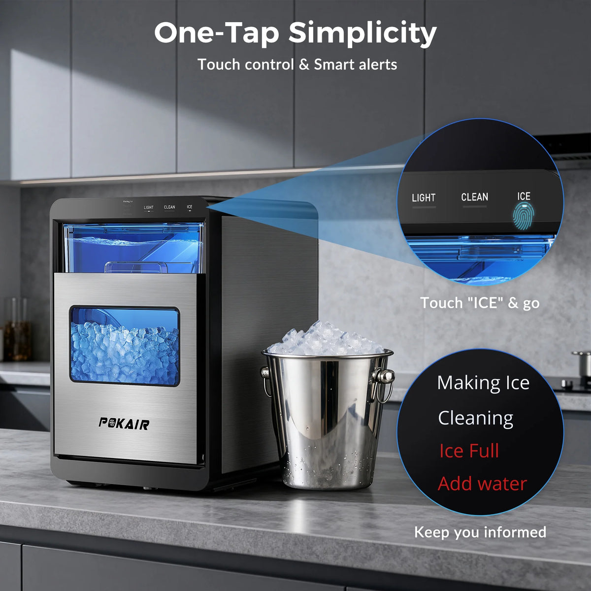 POKAIR Ice Maker, Nugget Ice Maker Portable Countertop 44lbs/Day, One-Touch Instant Ice & Self-Cleaning, Pebble Ice Machine for Home Office RV, Stainless Steel