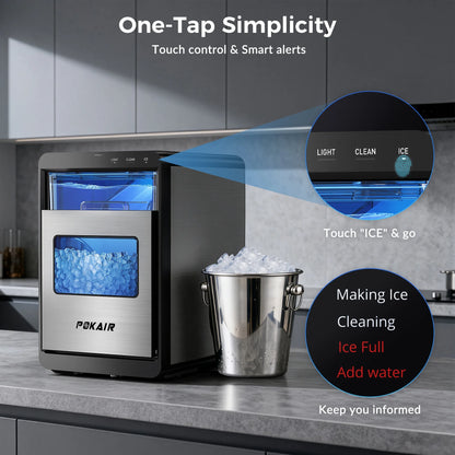 POKAIR Ice Maker, Nugget Ice Maker Portable Countertop 44lbs/Day, One-Touch Instant Ice & Self-Cleaning, Pebble Ice Machine for Home Office RV, Stainless Steel