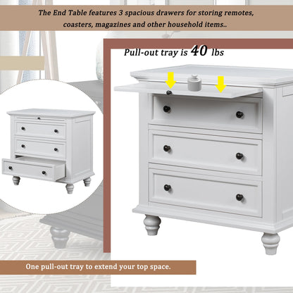 EUROCO 28�� Larger Solid Wood 3-Drawer Side Table Nightstand, End Table with Pull out Tray for Bedroom, Living Room, Hallway, Entryway,White