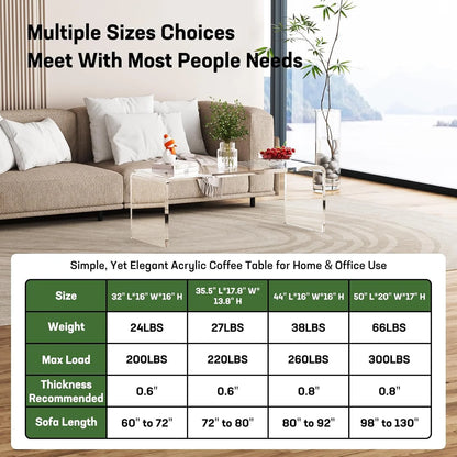 VDGPWA 32" Rectangle Waterfall Coffee Table, 0.6" Thick All Acrylic, Clear