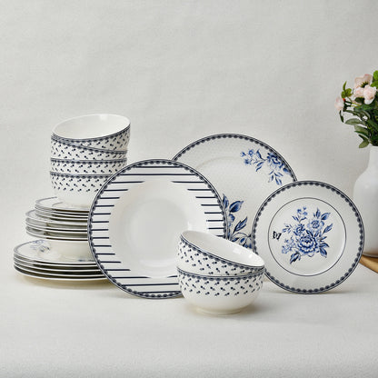 STP GOODS Melodie de Fleurs Bone China Dinnerware Set of 24 Service for 6 24-Piece Dish Set of Plates and Bowls, Blue Gold White