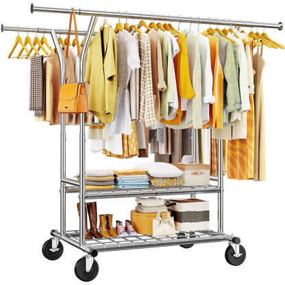 Clothes Rack with Wheels, Heavy-Duty Garment Rack for Hanging Clothes, Adjustable  Freestanding Wardrobe Organizers and Storage with Double Sheves