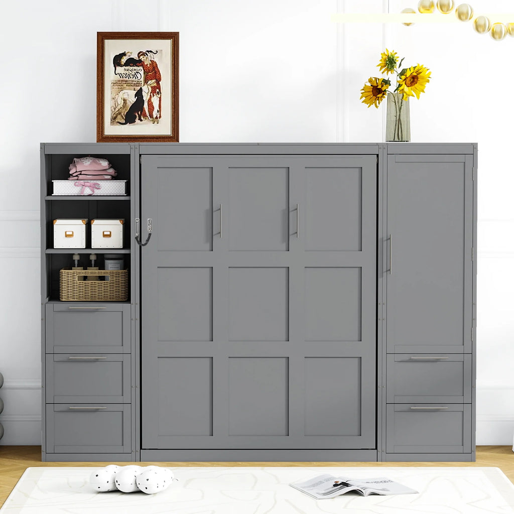 Newest Queen Size Murphy Bed Wall Bed with Closet ,Drawers , Shelves,Gray