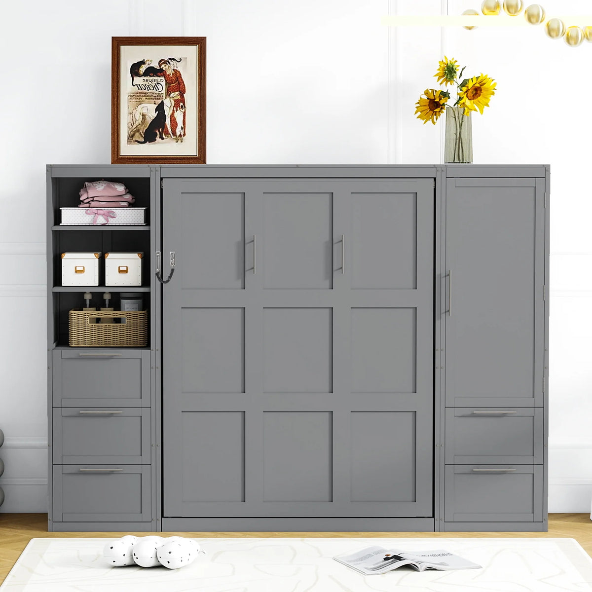 Newest Queen Size Murphy Bed Wall Bed with Closet ,Drawers , Shelves,Gray