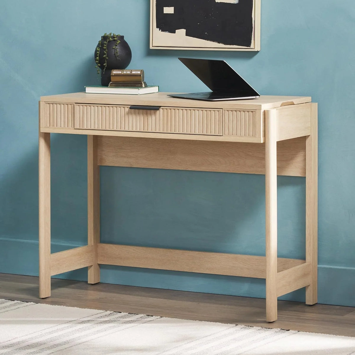 LHHP Transitional Style Furniture, Reeded Detail, Lift-Top Desk with Drawer and Storage Cubby, Sitting to Standing Desk, Soft Self-Close Desktop, 38��W x 16.75��D x 30��H, Coastal Oak