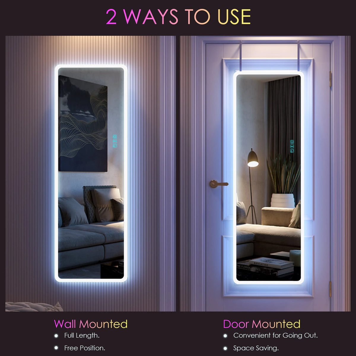 LVSOMT 47"x16" Full Length Mirror with Lights, RGB Color Changing Lighted Mirror, Wall Mounted Full Body Mirror, Over The Door Hanging Mirror, 14 LED Light + Dimmable Brightness + Adjustable Speed