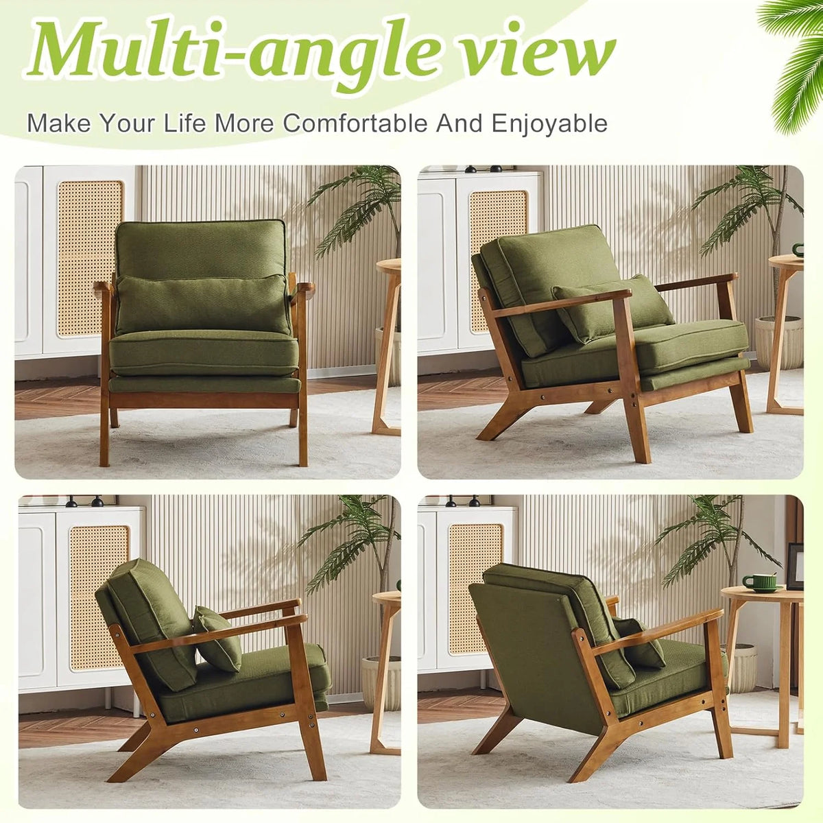 RWTFGV Solid Wood Wide Armrests Accent Chair,Upholstered Mid Century Modern Chair with Pillow,Comfy Reading Chair Farmhouse Arm Chair,Chairs Living Room,Bedroom,Guest Room,Linen Fabric,Beige