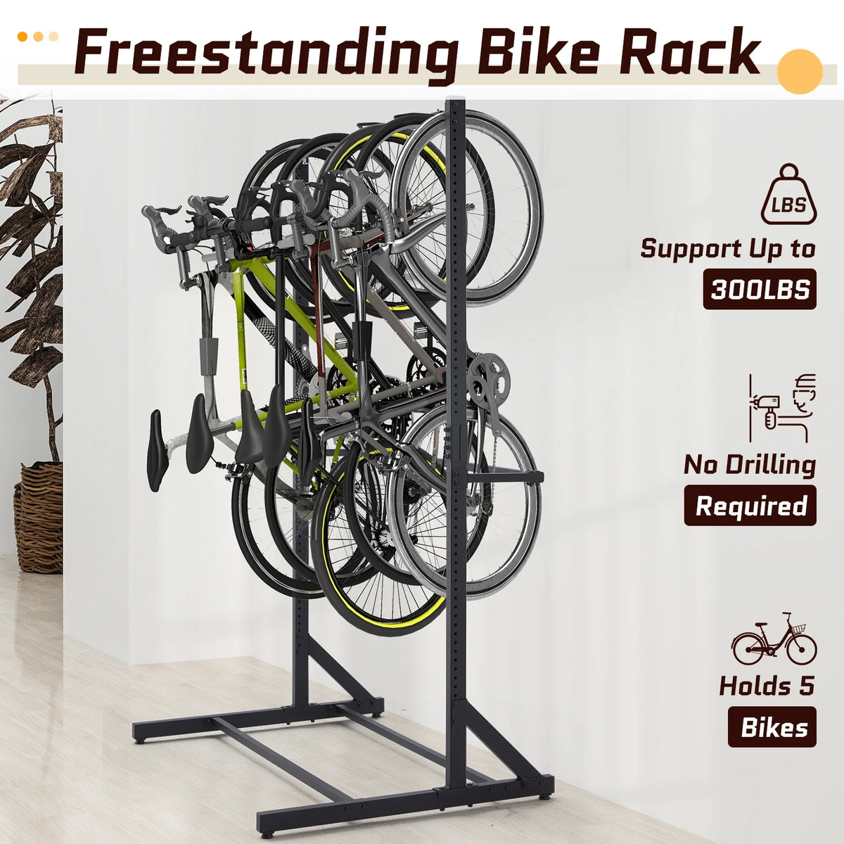 Danrelax Freestanding Bike Storage Rack, 300 lbs 5 Bikes Capacity, Vertical Bike Rack for Garage, Adjustable Hooks, Indoor Bicycle Storage Stand for Home, Black