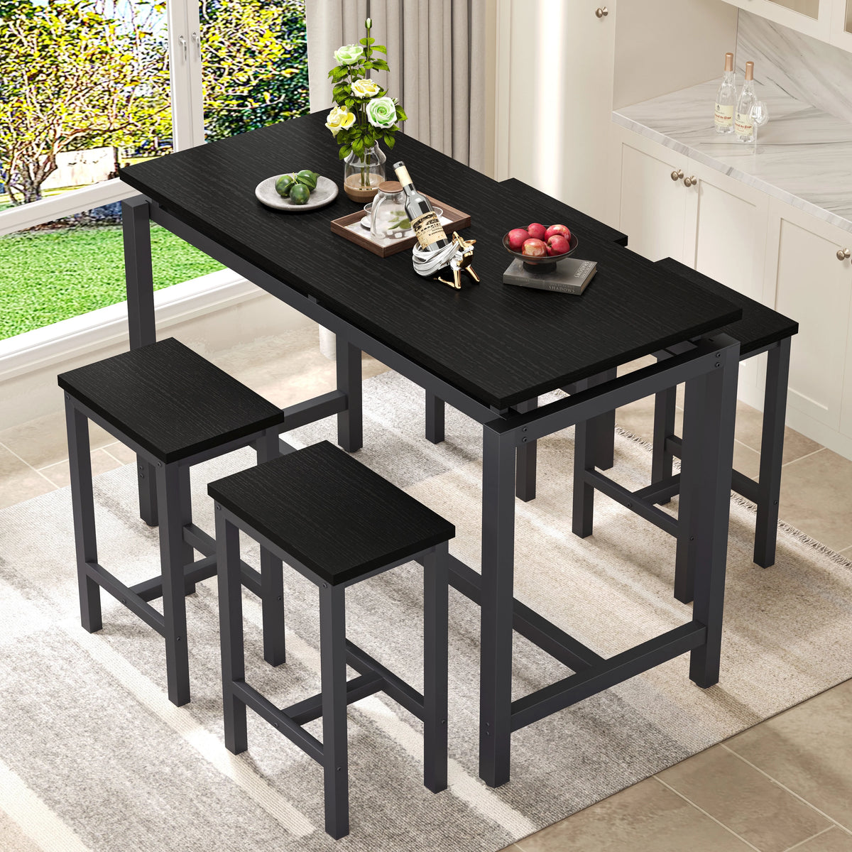 Counter Height Table Set of 5, Breakfast Bar Table and Stool Set, Minimalist Dining Table with Backless Stools, Wood Top Pub Table & Chair Set for Kitchen Apartment Bistro - Space Saving