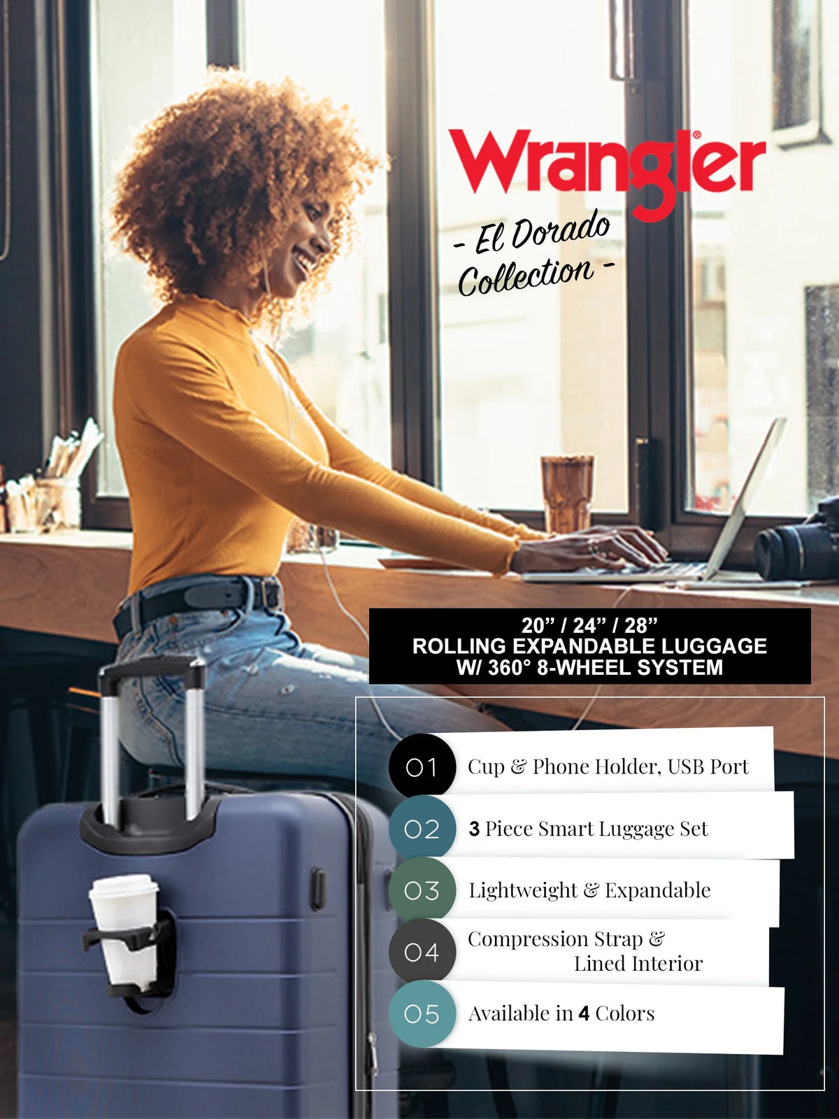 Wrangler 3 Piece Luggage Set with Cup Holder and USB Port, Olive Green