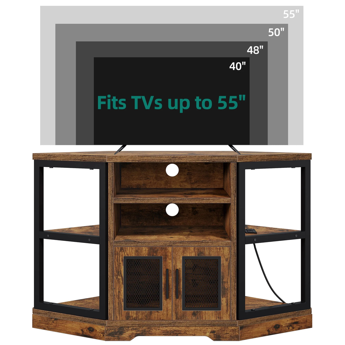 Dextrus Farmhouse Corner TV Stand for TVs up to 55 inch with Power Outlet, Wood Entertainment Center, TV Media Console with Storage, White Oak