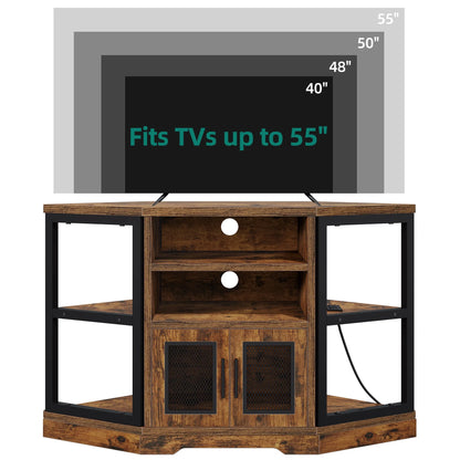 Dextrus Farmhouse Corner TV Stand for TVs up to 55 inch with Power Outlet, Wood Entertainment Center, TV Media Console with Storage, White Oak