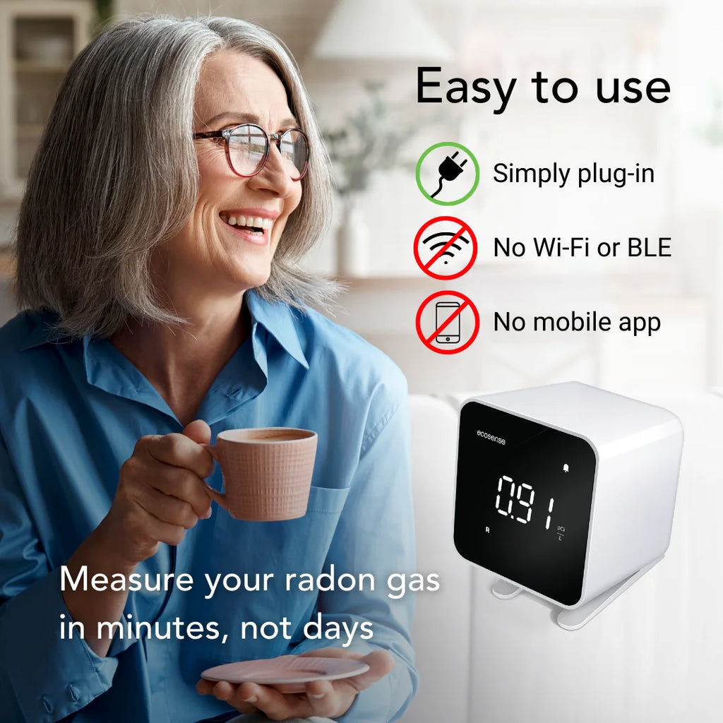 Ecosense EB100 EcoBlu, Digital Radon Detector, Fast & Accurate, Short-Term and Long-Term Monitoring, Full Size LED Screen, Easy to Use (White)
